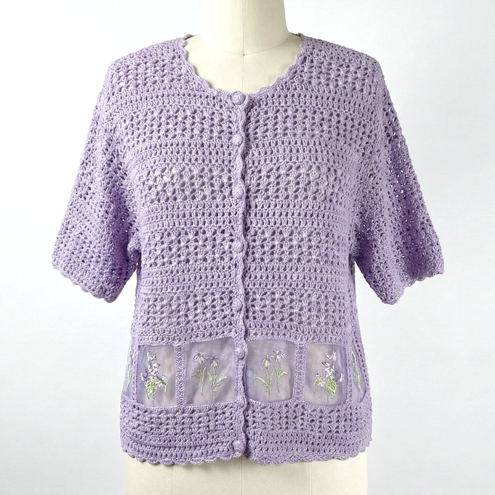 Teddi Womens Lavender Crochet Short Sleeve Cardigan Top Size M Cottagecore Chic
